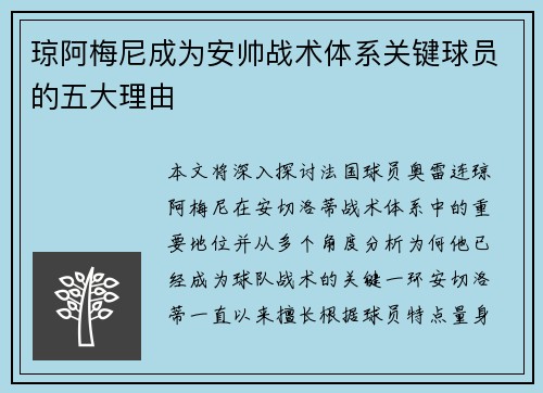 琼阿梅尼成为安帅战术体系关键球员的五大理由